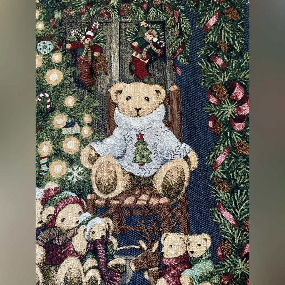 Vintage Goodwin Weavers Christmas Tree Teddy Bear Throw Woven Blanket Tapestry